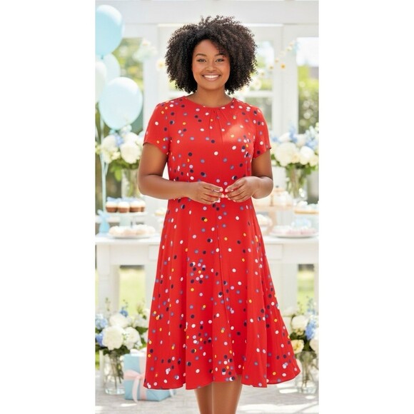 Boden Dresses & Skirts - Boden NEW fit & flare round neck red colored dot lined dress sz 12L city classic